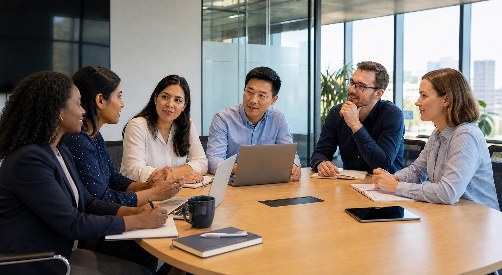 Six technology professionals collaborating in a bright meeting room